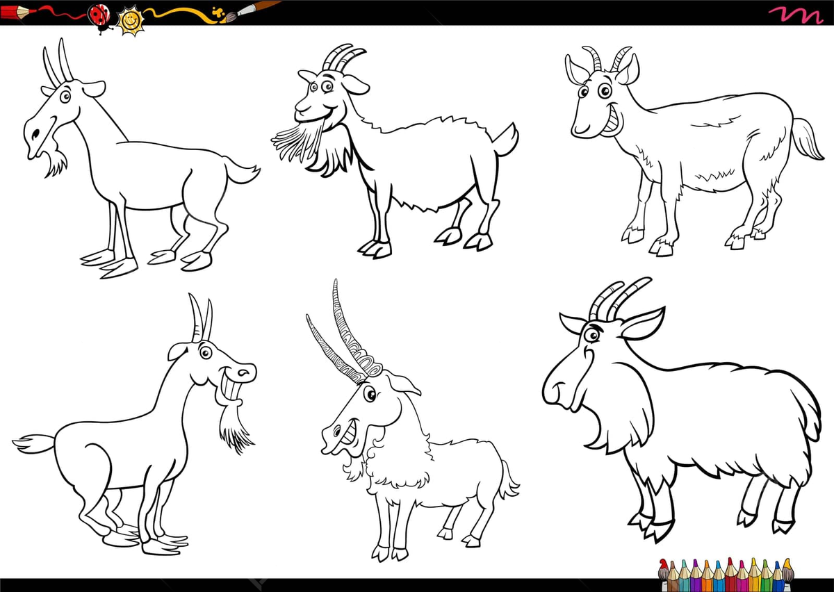 Coloring page set of cartoon goats as farm animal characters vector mammal cute countryside png and vector with transparent background for free download