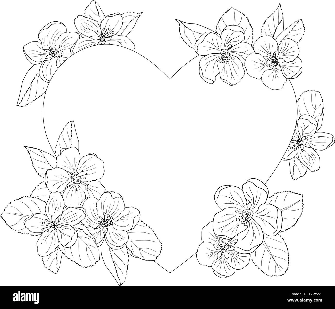 Beautiful apple blossom frame coloring page for adults and children stock vector image art