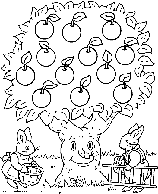 Bunnies with an apple tree color page free printable coloring sheets for kids