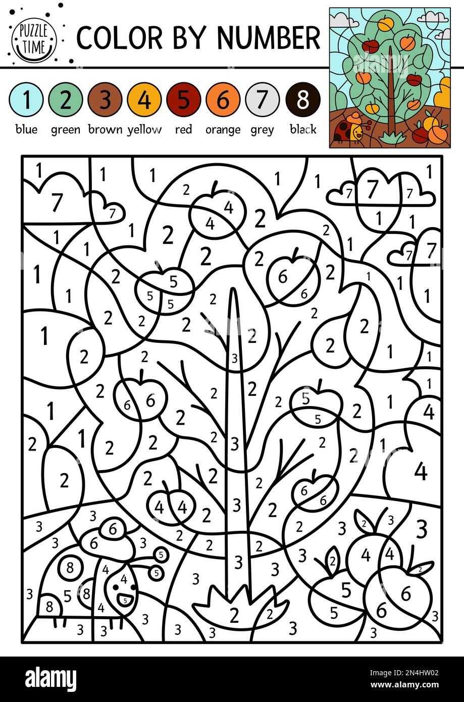 Vector garden color by number activity with apple tree and ladybug in the field autumn holiday counting game with cute ladybird and harvest funny fa stock vector image art