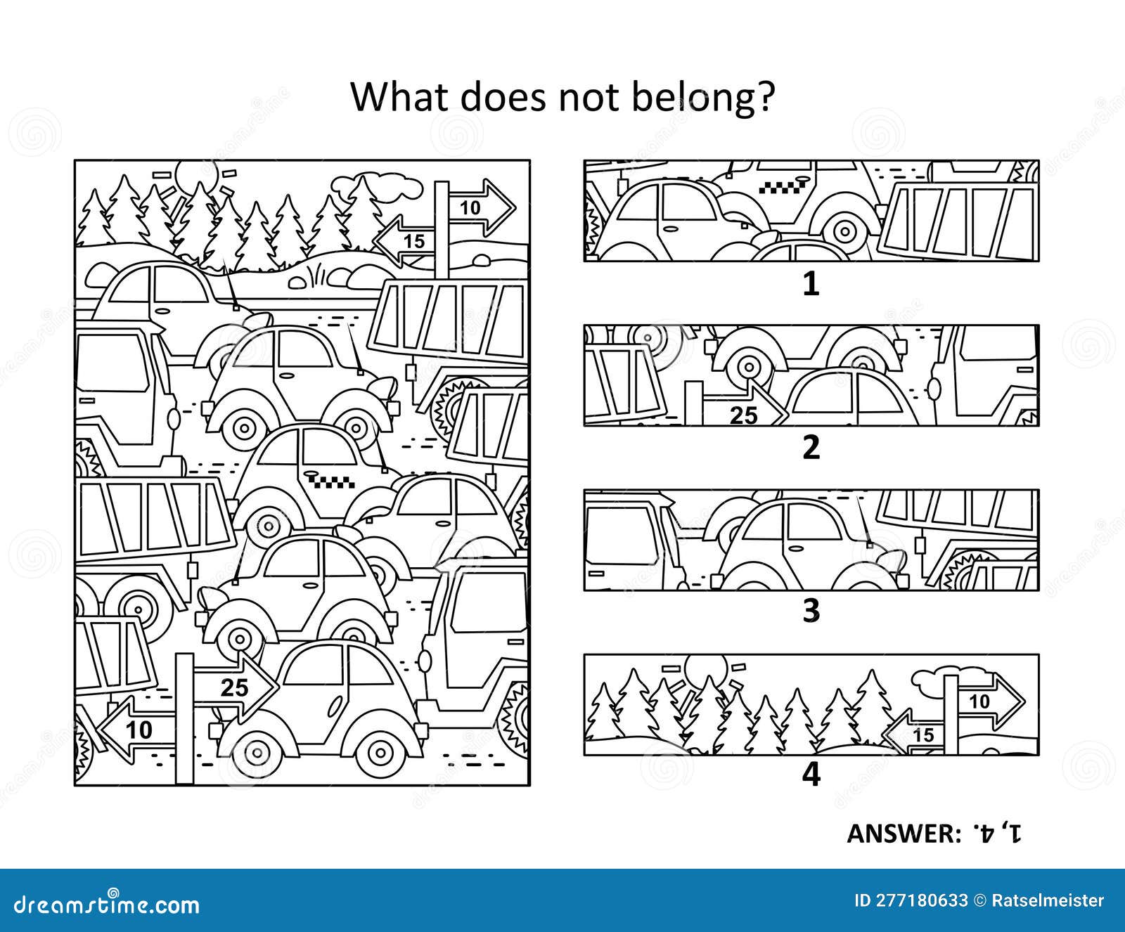 Ars and trucks on the road visual puzzle or picture riddle what does not belong stock vector