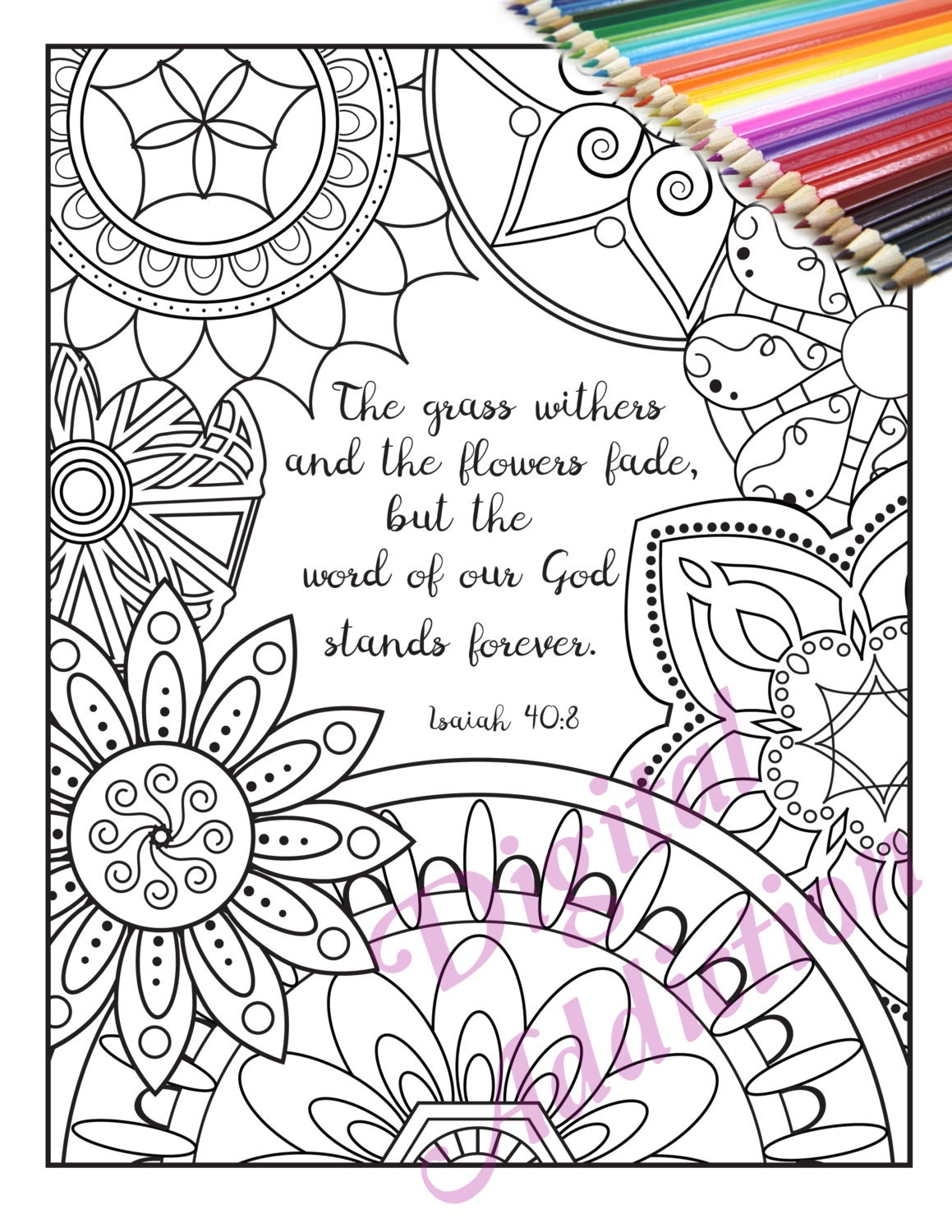 Scripture coloring page printable doodle mandala flowers zentangle black and white art