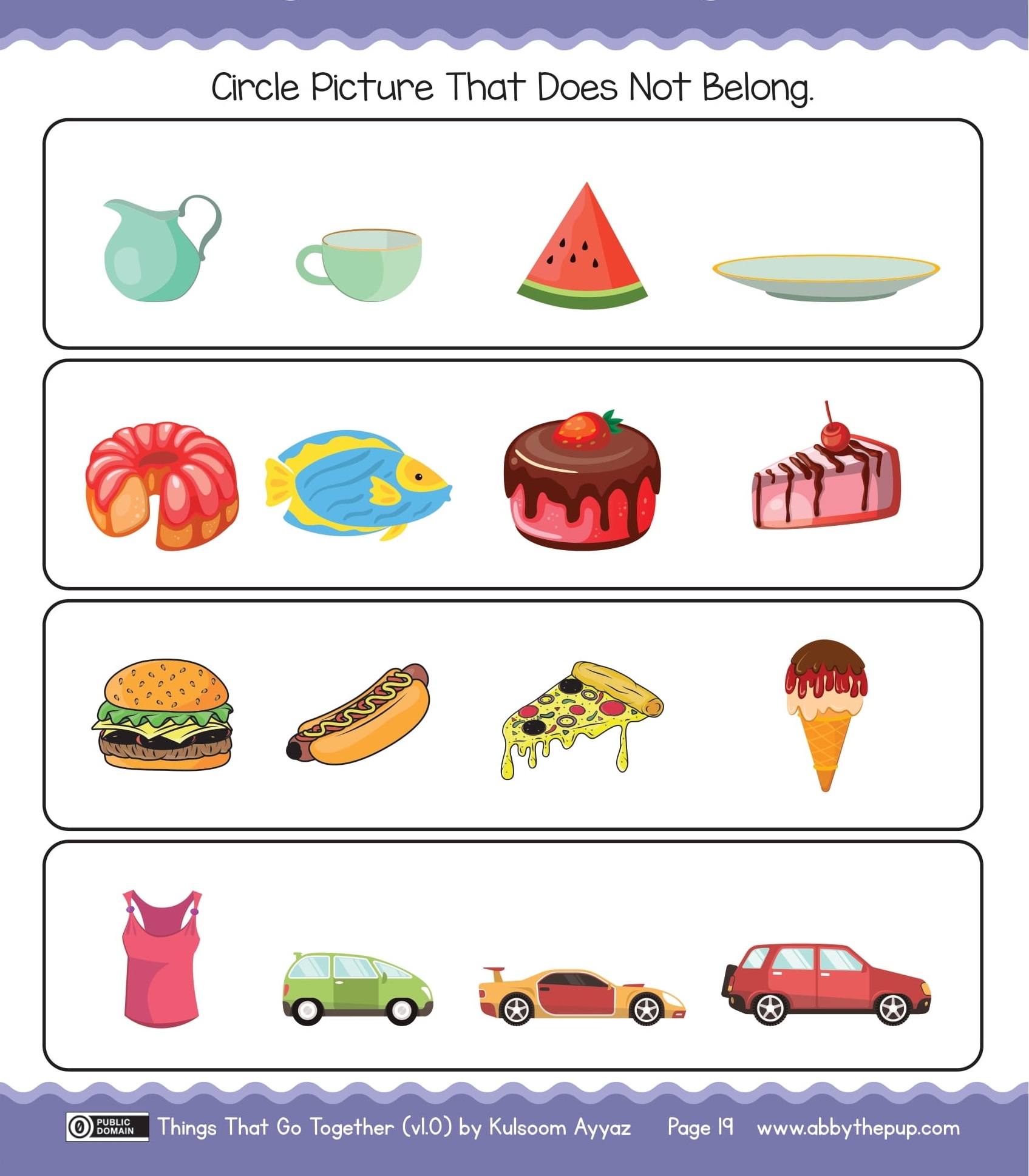 Circle picture that does not belong for each row free printable puzzle games