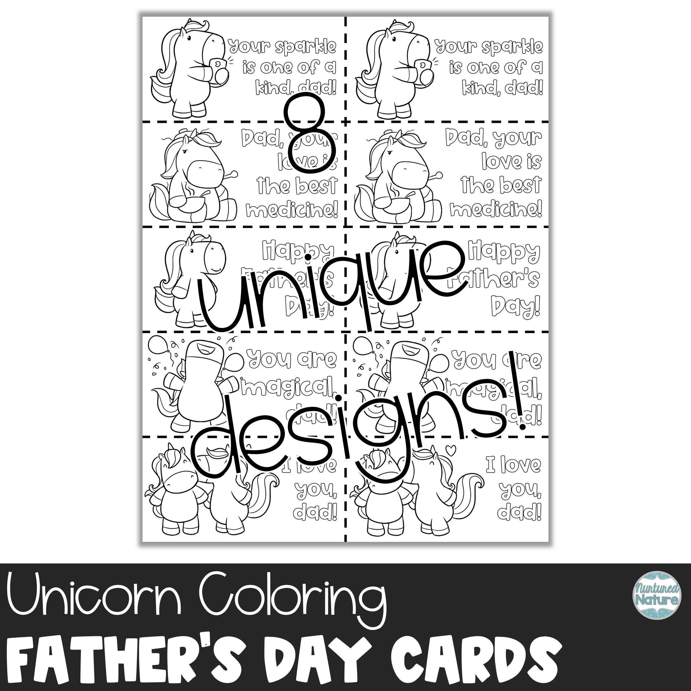 Unicorn fathers day coloring sheet cards