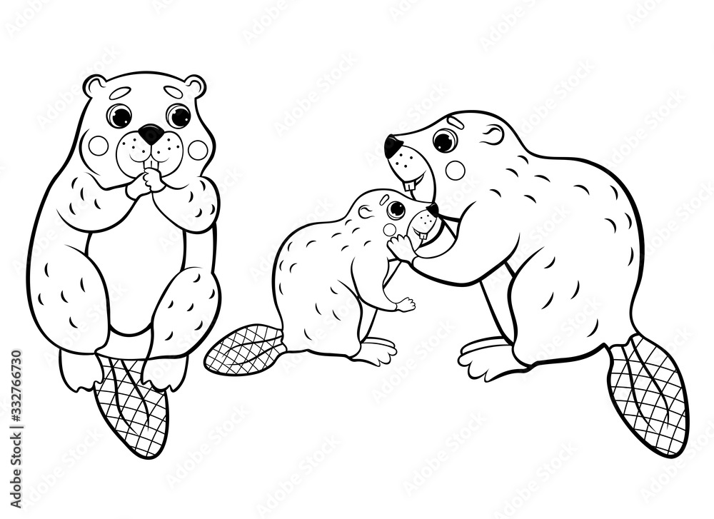 Cute cartoon wild beaver family vector coloring page outline male and female beaver with their little beaver coloring book of forest animals and rodents for kids isolated on white background vector