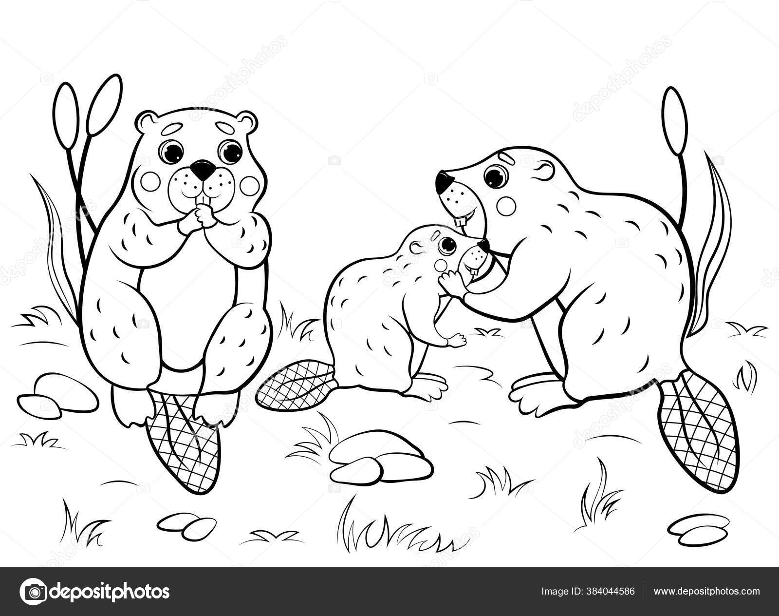 Cute cartoon beaver family vector coloring page outline vector image stock vector by elenaparshina