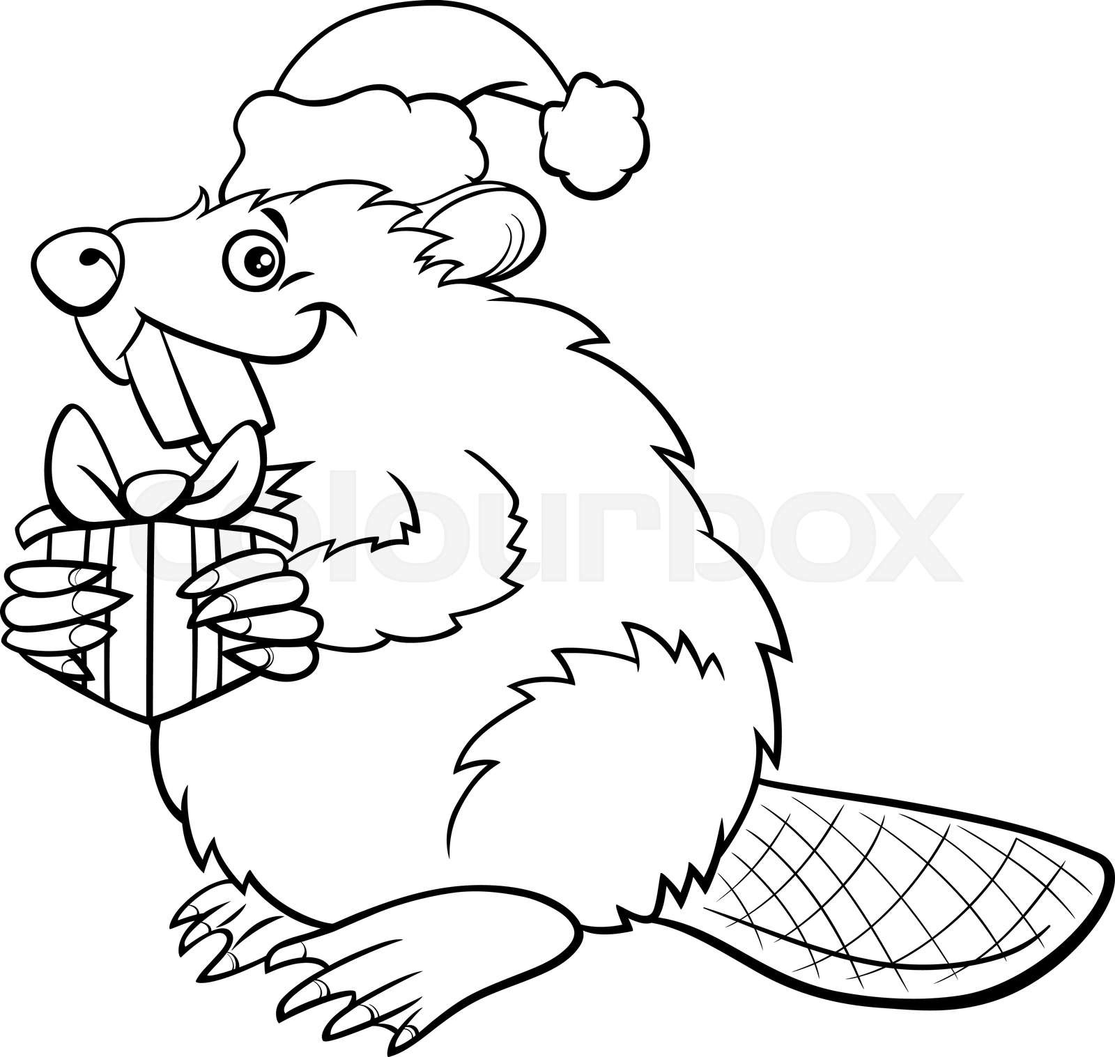 Cartoon beaver on christmas time coloring book page stock vector