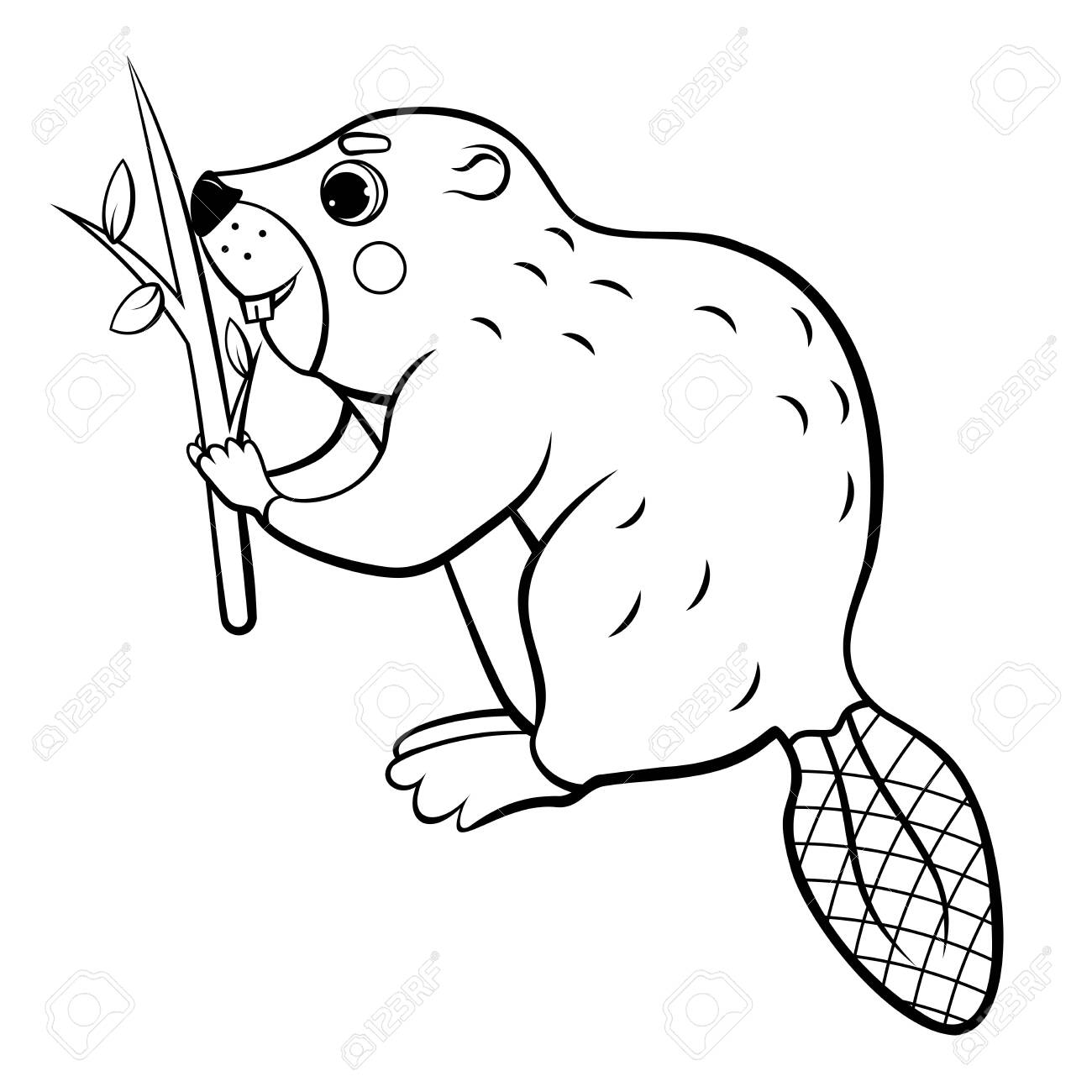 Cute cartoon wild beaver with a tree branch vector coloring page outline coloring book of forest animals for kids isolated on white background royalty free svg cliparts vectors and stock illustration image