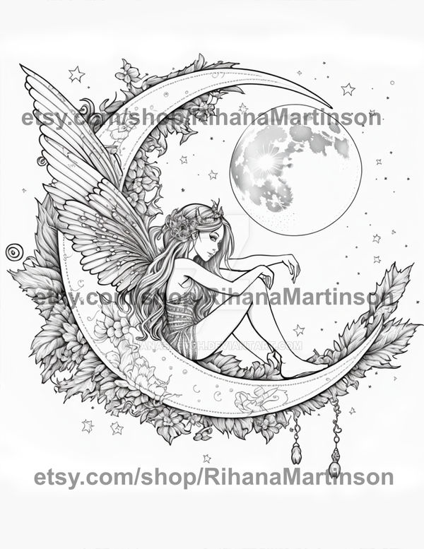 Fairy on crescent moon coloring book page by hanasketch on