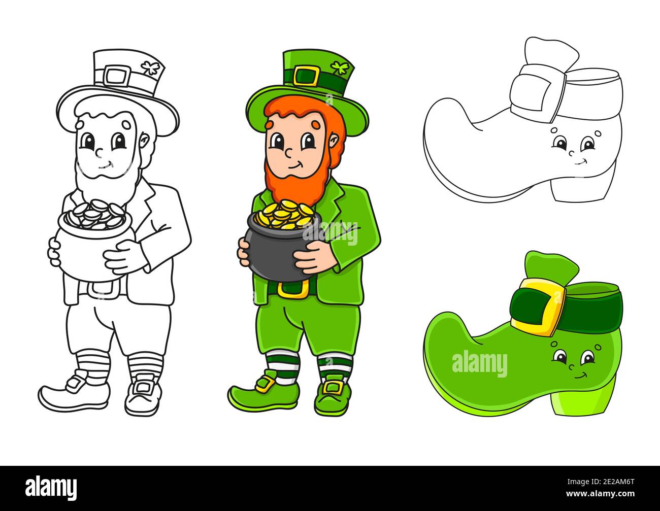 Set coloring page for kids st patricks day leprechaun with a pot of gold boot cute cartoon characters black stroke vector illustration with s stock vector image art