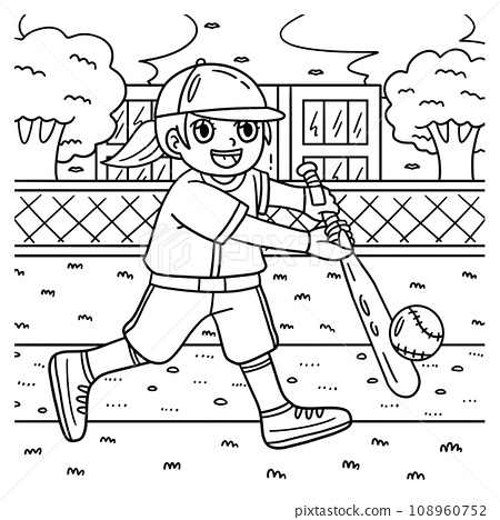 Girl hitting baseball coloring page for kids