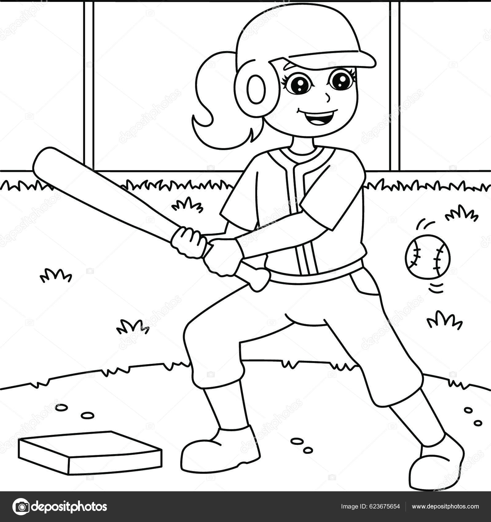 Girl playing baseball coloring page kids stock vector by yayimages
