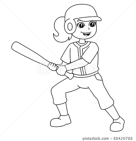 Girl playing baseball coloring page isolated
