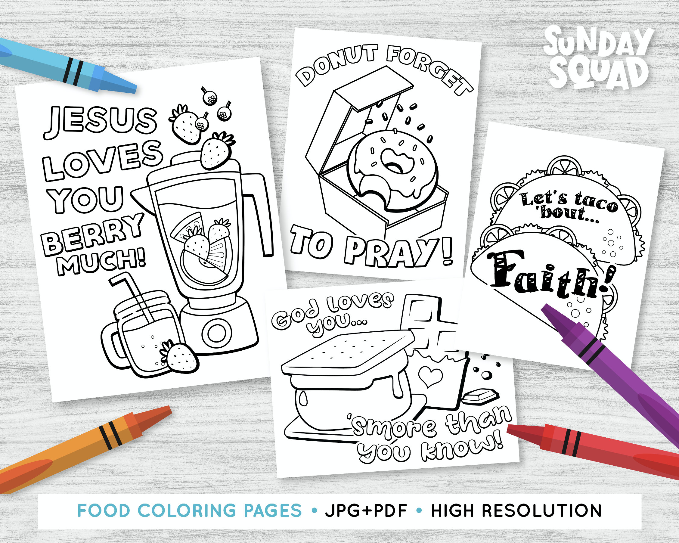 Printable christian food coloring pages set of designs faith love kids sunday school church bible printable jesus loves you god loves you instant download