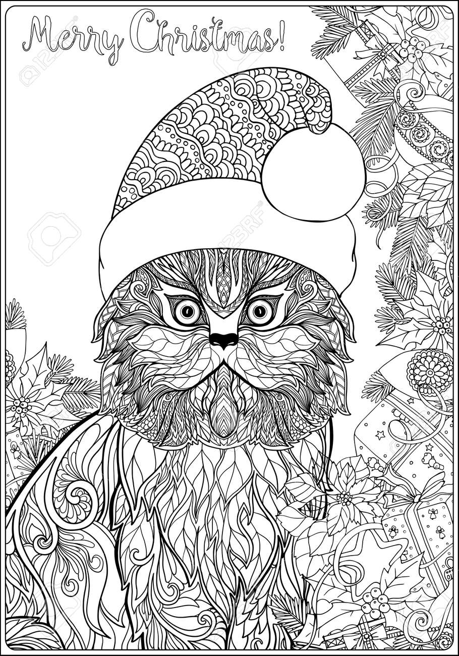 Decorative patterned cat in the hat of santa claus on a background of the christmas tree with toys and gifts coloring book for adult outline drawing coloring page stock line vector illustration