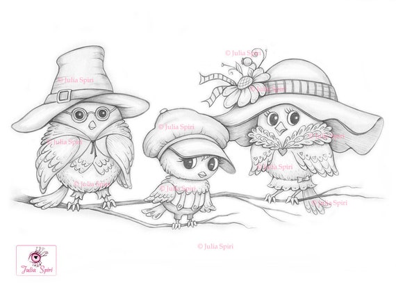 Bird coloring page digital stamp digi sparrow dad mom child son hats crafting fantasy whimsy crafting family of birds