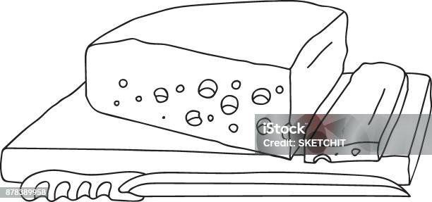 Hand drawn line art doodle vector illustration cut off round swiss cheese wheel on chopping board knife coloring page logo store banner template stock illustration