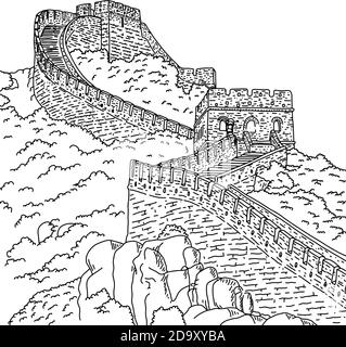 China great wall vector sketch famous destination landmark hand drawn outline artwork stock vector image art
