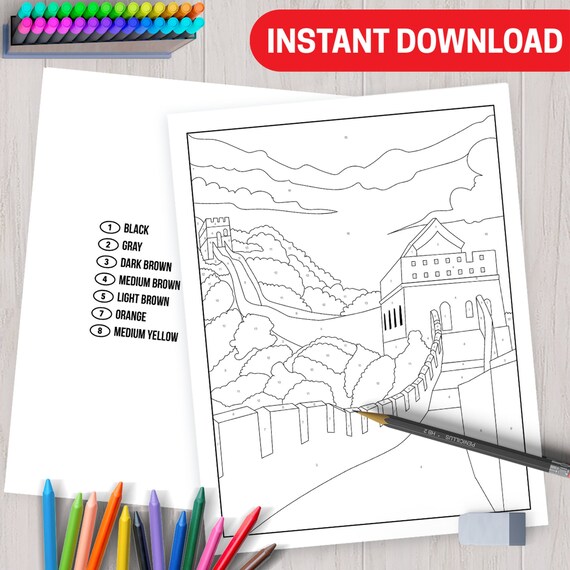 Best value printable great wall of china mosaic color by number instant download coloring page for adults with beautiful country landmark