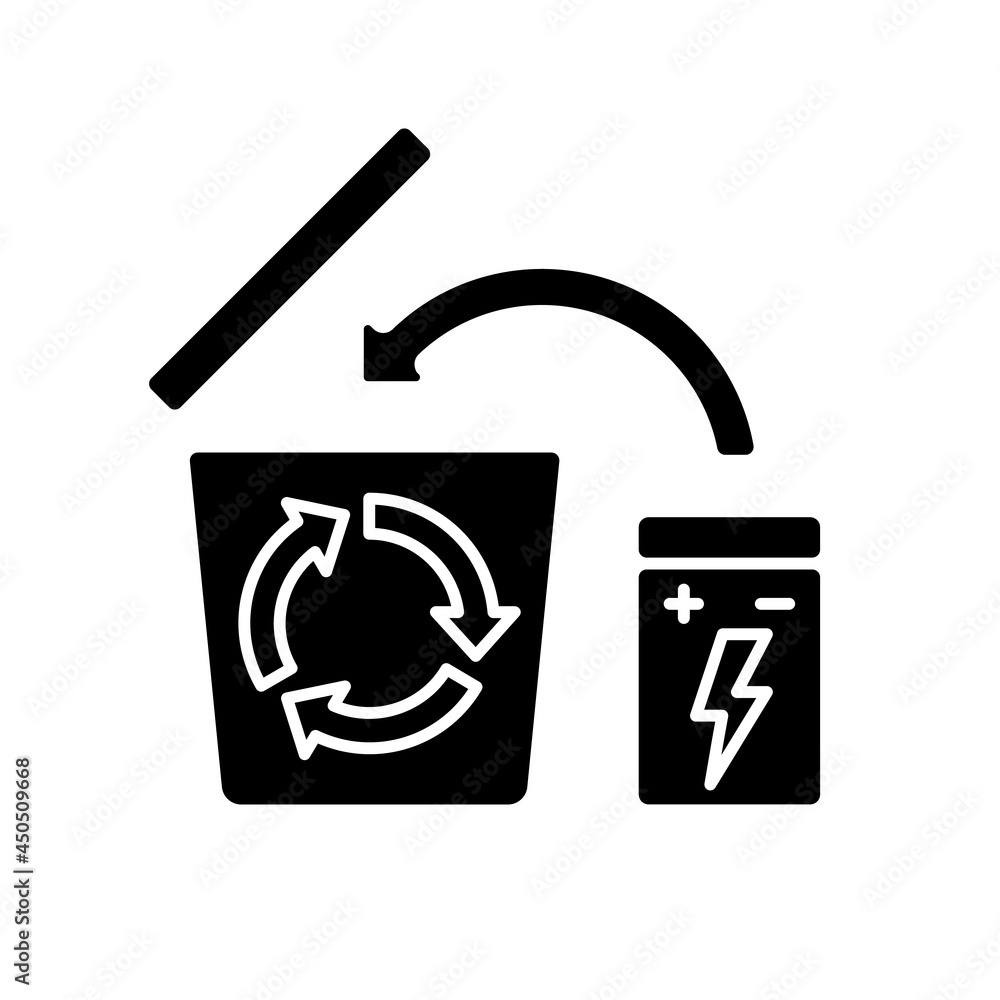 Battery recycling black glyph manual label icon phone charger disposal hazardous electronic waste silhouette symbol on white space vector isolated illustration for product use instructions vector