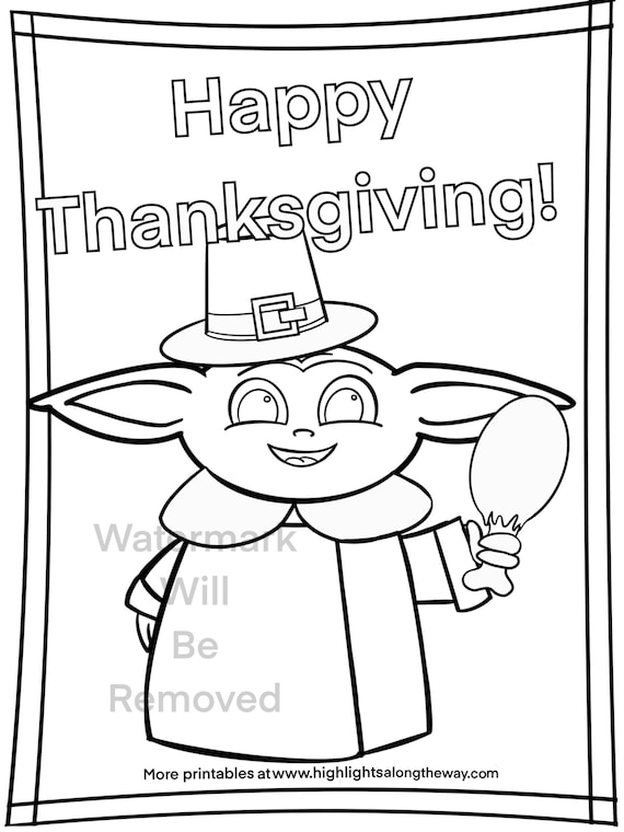 Thanksgiving turkey day baby yoda coloring sheet instant download printable homeschool teacher star wars day curriculum