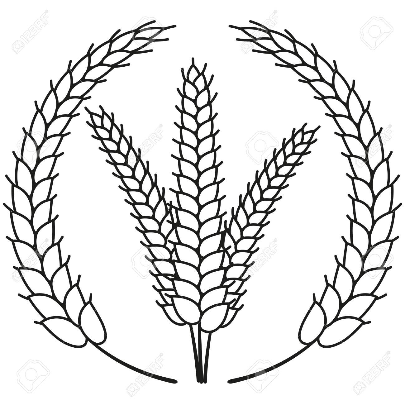 Line art black and white ripe wheat ear wreath coloring book page for adults and kids harvest themed vector illustration for icon sticker label badge emblem certificate or ad banner background royalty