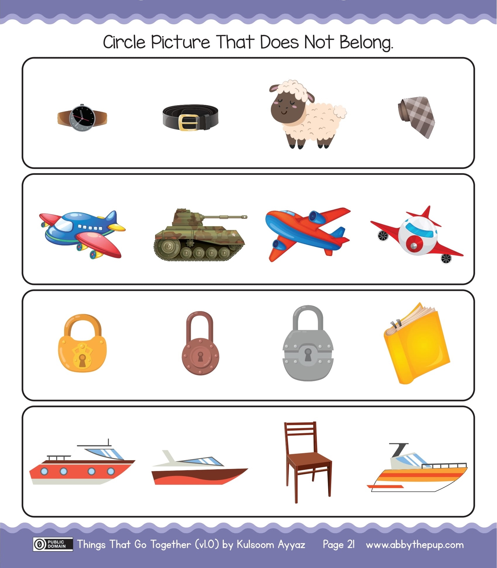 Circle picture that does not belong for each row free printable puzzle games