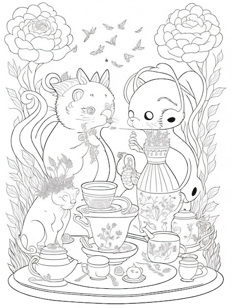 Premium vector immerse in whimsy whimsical tea party coloring page for kids