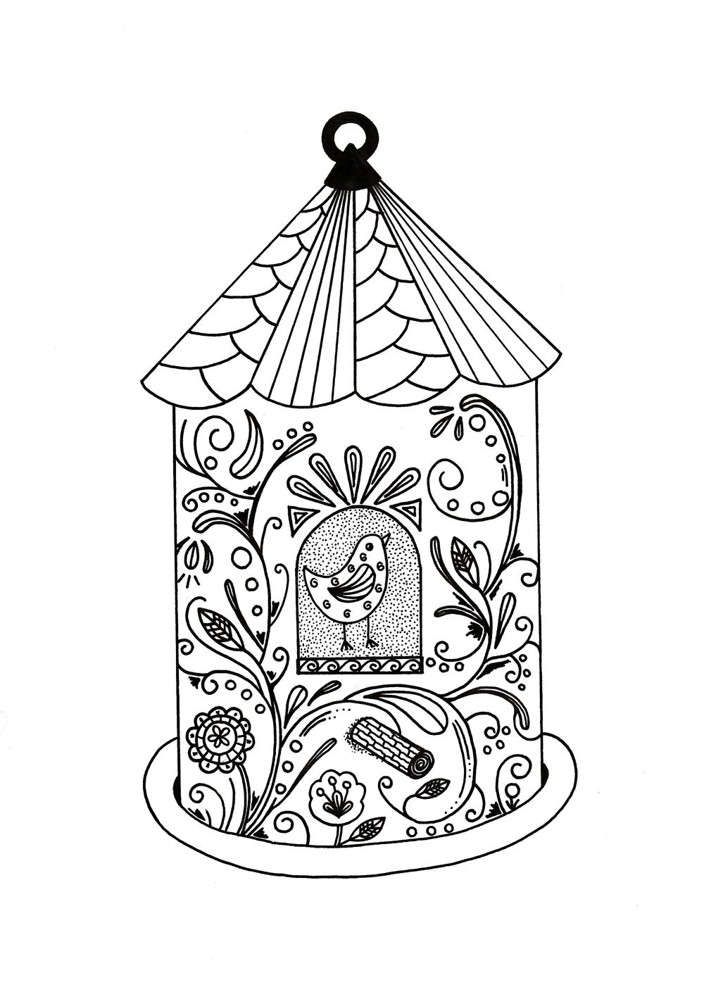 Whimsical bird house adult coloring page