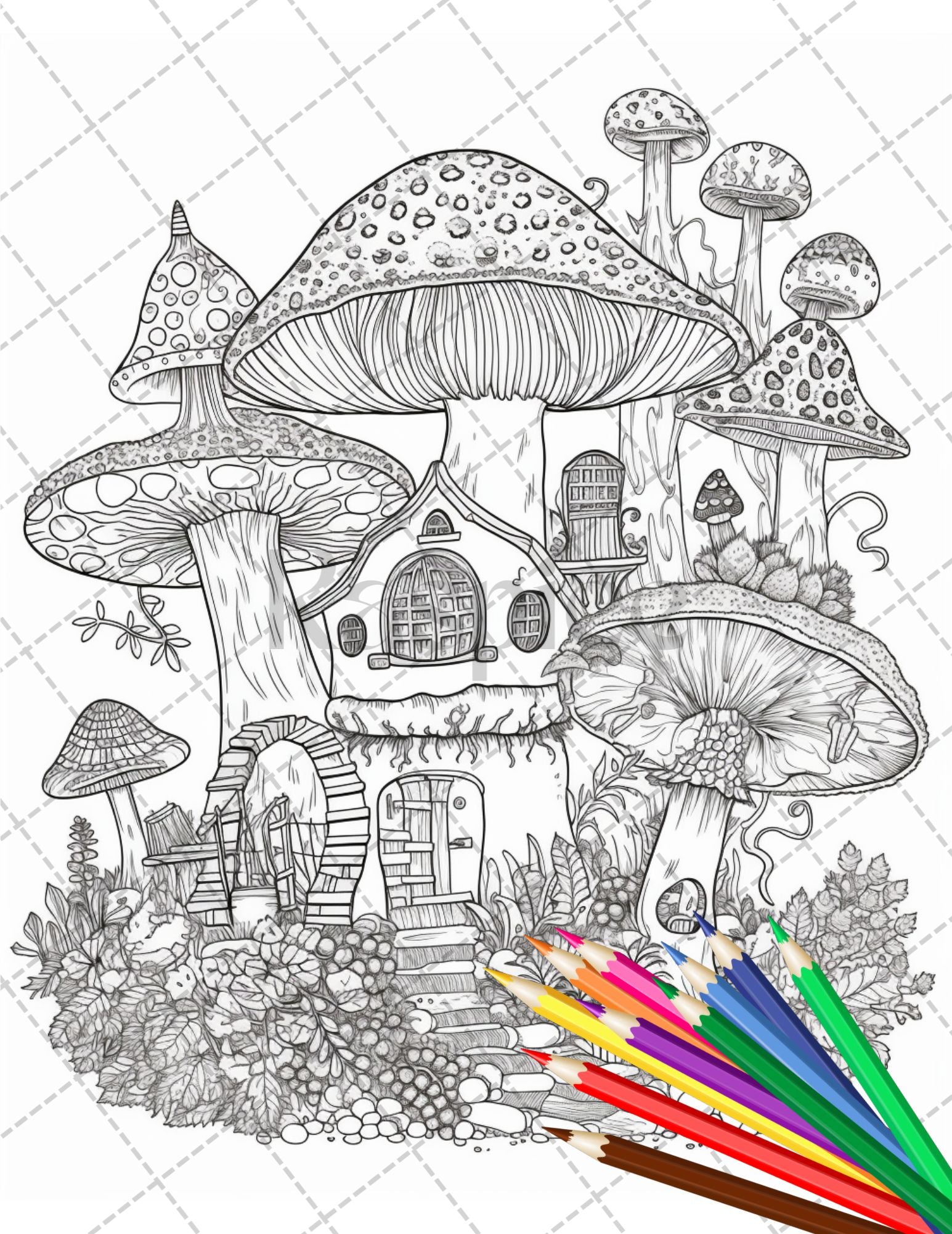 Whimsical mushroom house coloring pages for adults grayscale color â coloring