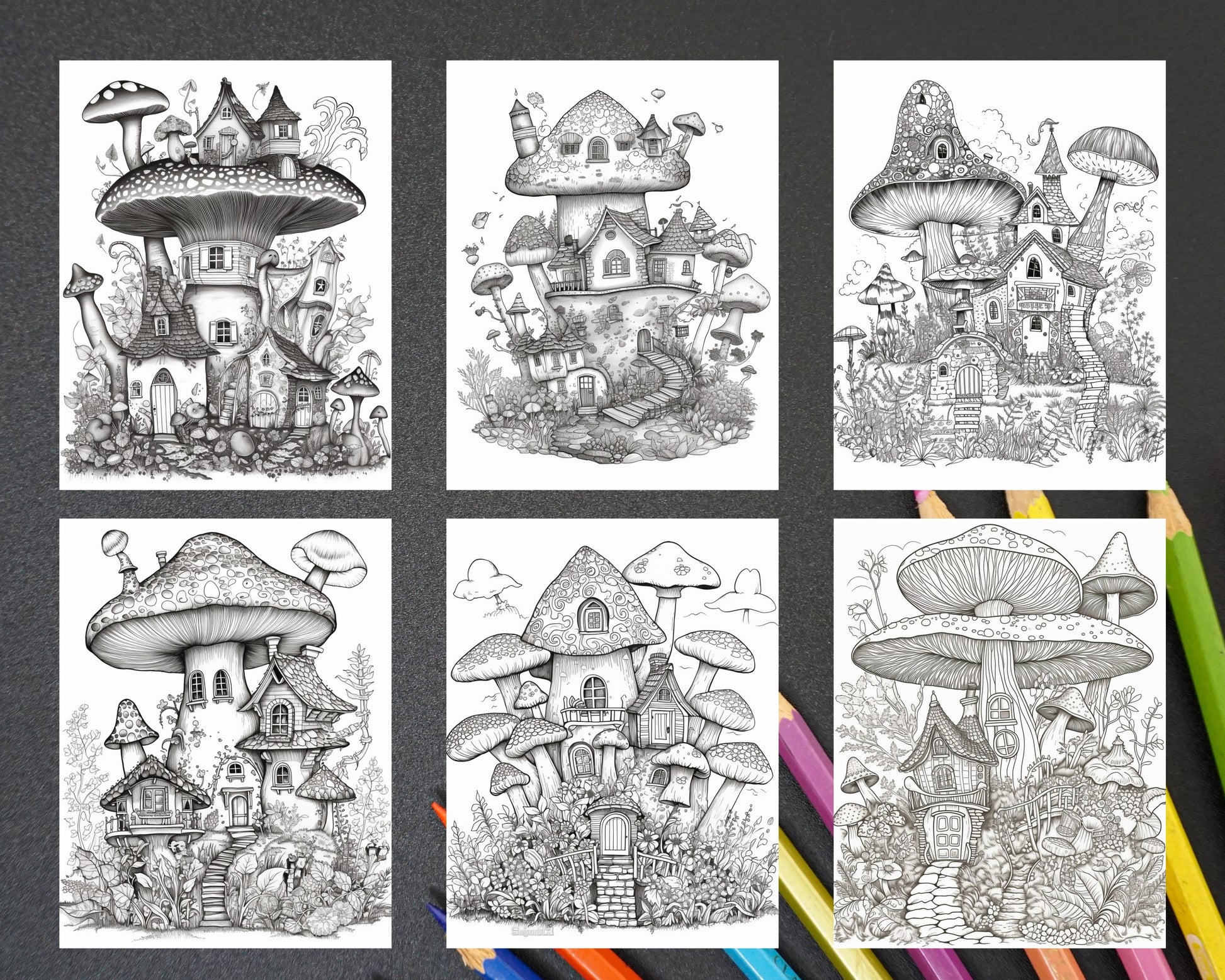 Whimsical mushroom house coloring pages for adults grayscale color â coloring