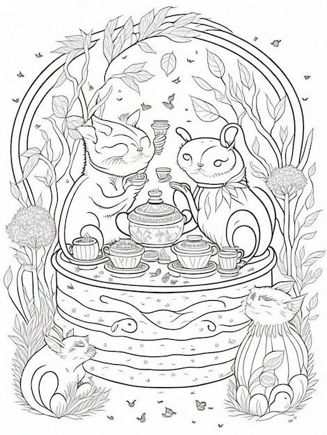 Premium vector whimsical wonderland adventure printable coloring page for kids