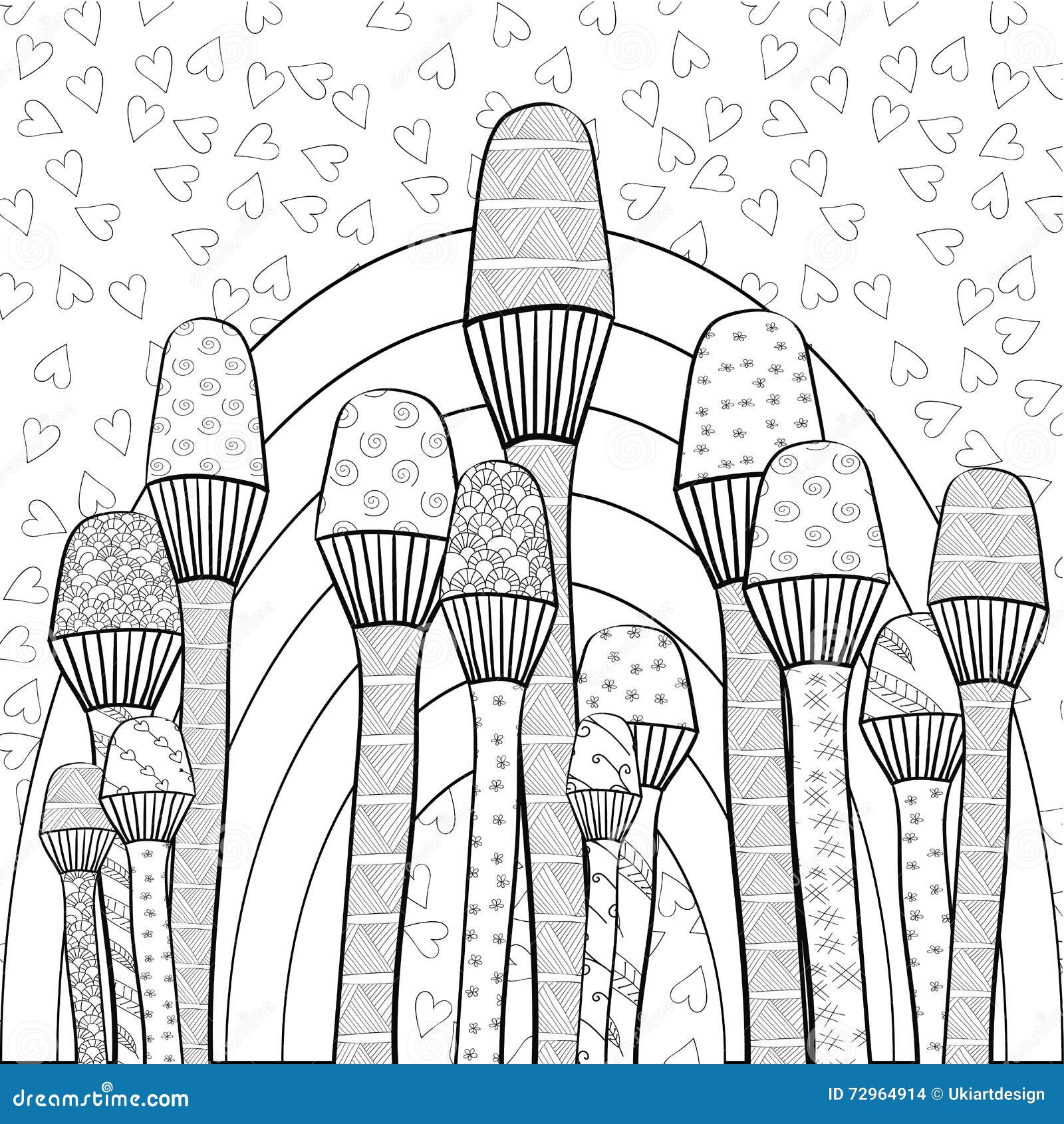 Adult coloring book page magic mushrooms garden whimsical line art stock illustration