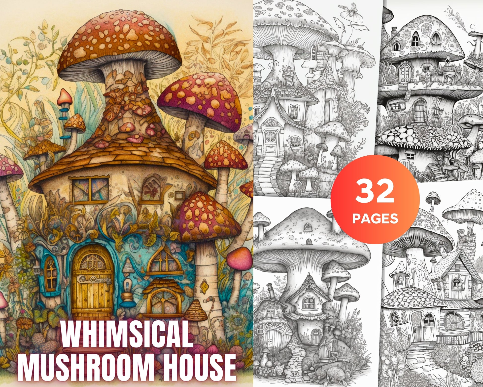 Whimsical mushroom house coloring pages for adults grayscale color â coloring