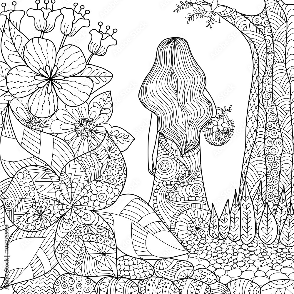 Girl in the garden whimsical line art for coloring book for adult vector