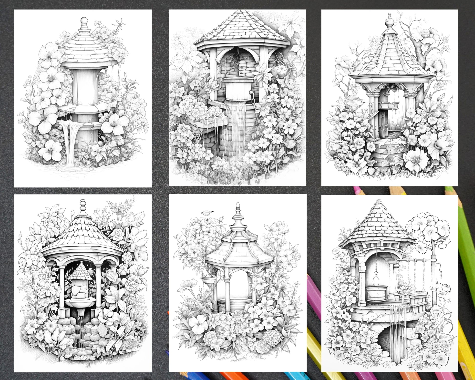Whimsical wishing wells grayscale coloring pages printable for adul â coloring