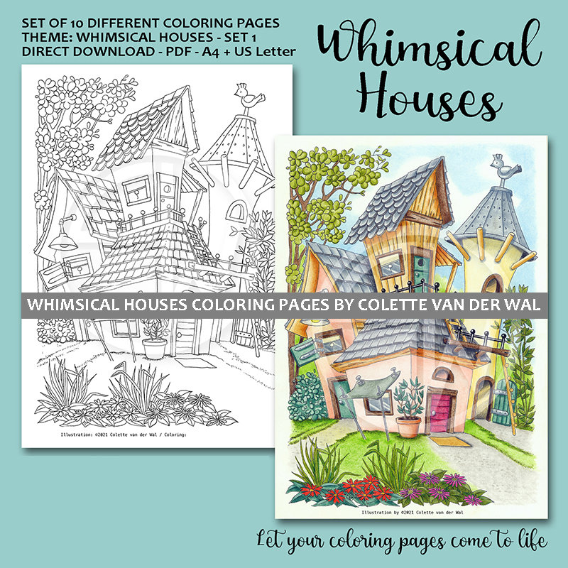 Whimsical houses set adult coloring pages set of different images hand illustrated instant download pdf size a us letter
