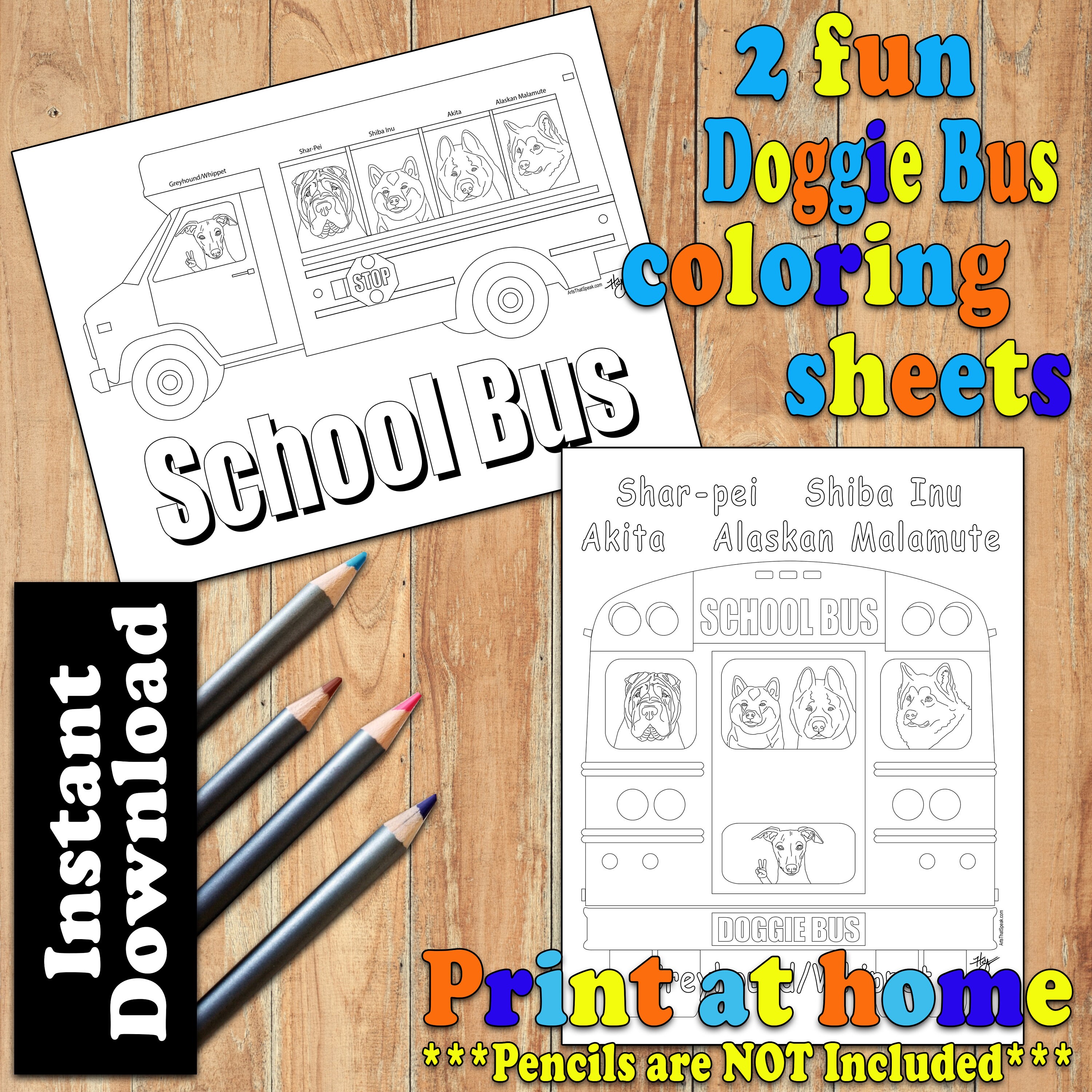 Doggie school bus coloring sheets instant download shar