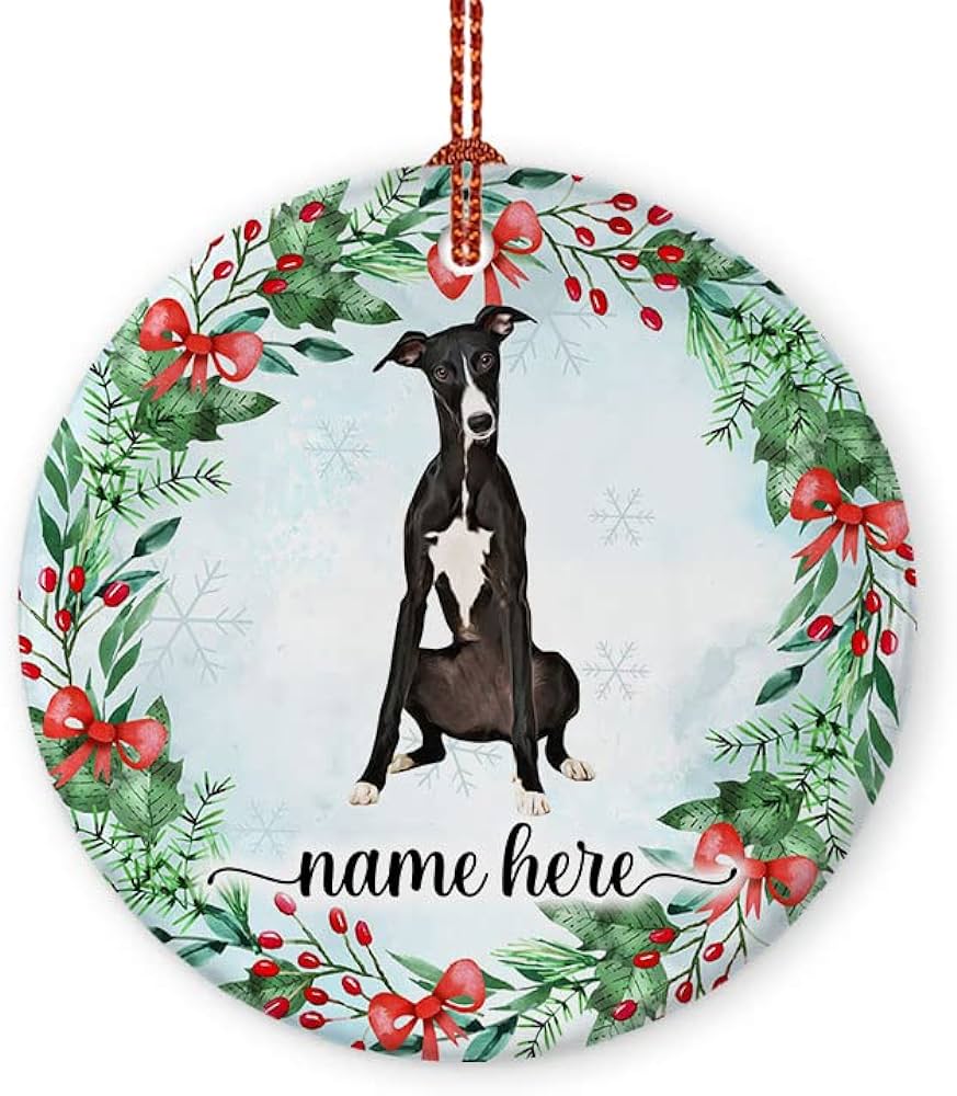 Prezzy personalized whippet dog ornaments gifts for christmas tree haging decorations funny xmas decor gift for dog lovers unique wreath floral print ceramic ornament round white home kitchen