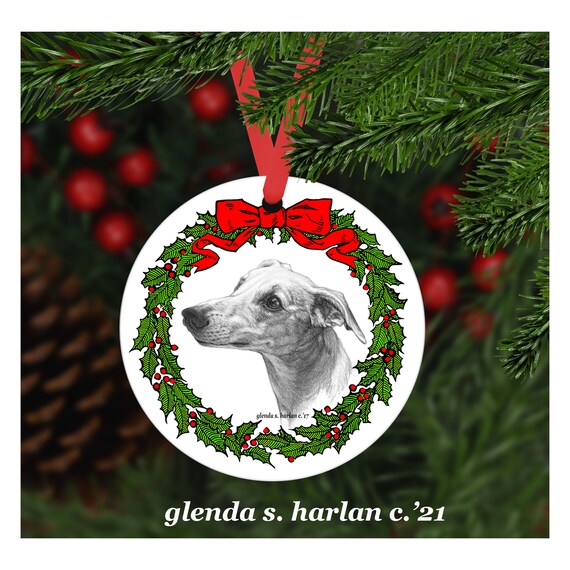 Whippet dog art christmas ornament four wreath designs personalization available