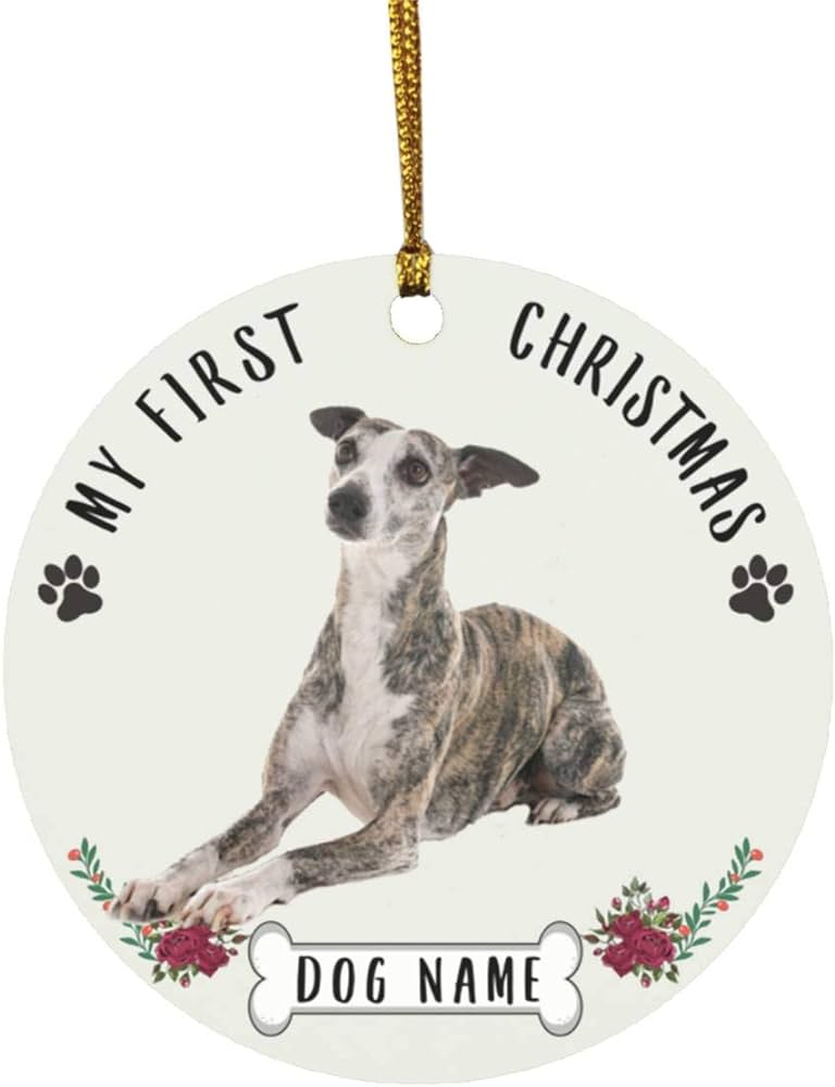 Personalized name custom year whippet brindle first christmas tree ornaments circle ceramic decor gifts for dogs owner home kitchen