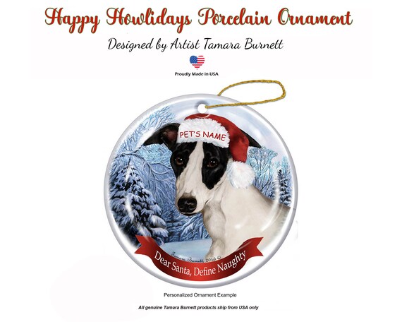 Whippet black and white santa hat porcelain christmas ornament