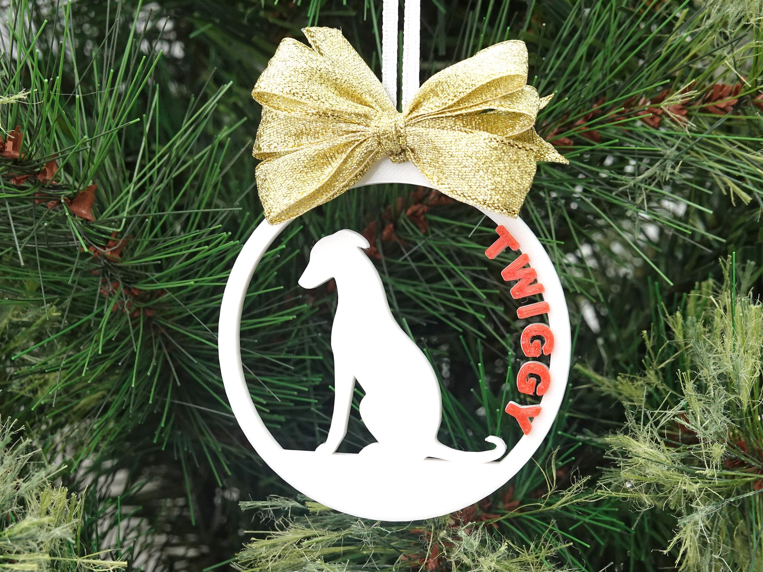 Personalised whippet or greyhound bauble custom made dog christmas tree ornament with name