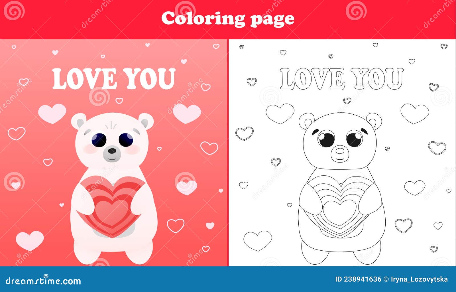 Printable worksheet with coloring page for valentine day with cute bear character holding heart candy and love text stock vector