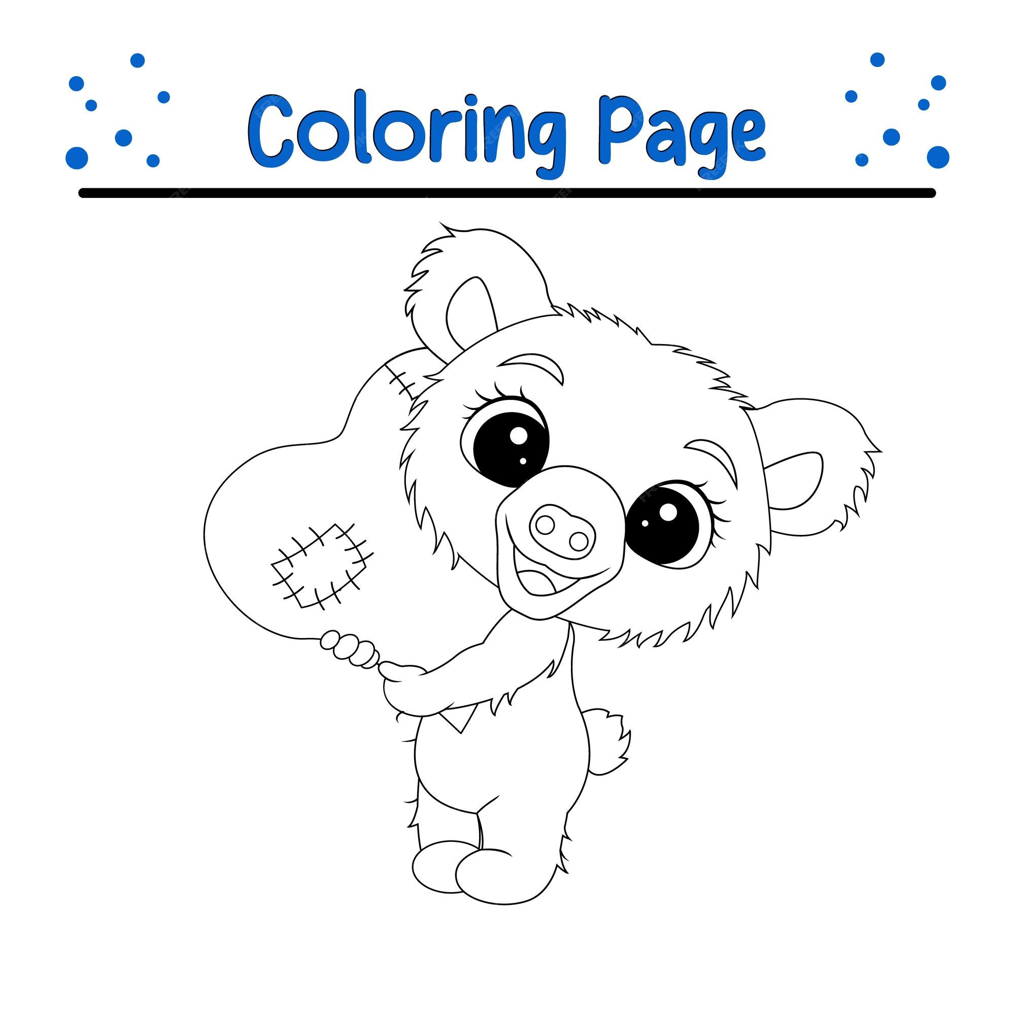 Premium vector cartoon baby bear holding red heart coloring page for kids