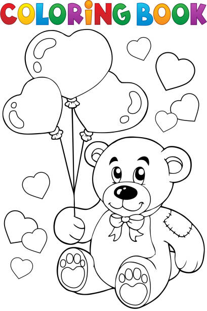 Drawing of a teddy bear holding red heart stock illustrations royalty