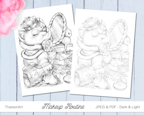 Makeup routine cute coloring page for adults and kids grayscale coloring pages printable animal coloring book page cat mouse queen