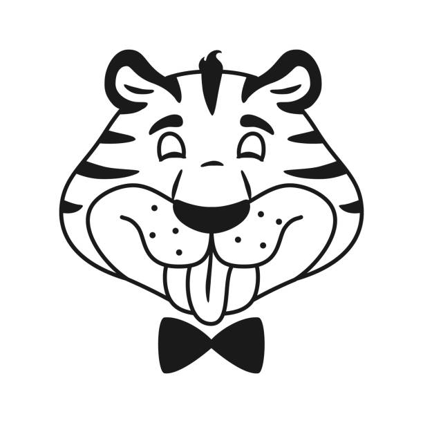 Teasing ic cartoon tiger head black and white outline for coloring page for children wild cat shows tongue portrait isolated on white background happy smiling animal line vector illustration stock illustration