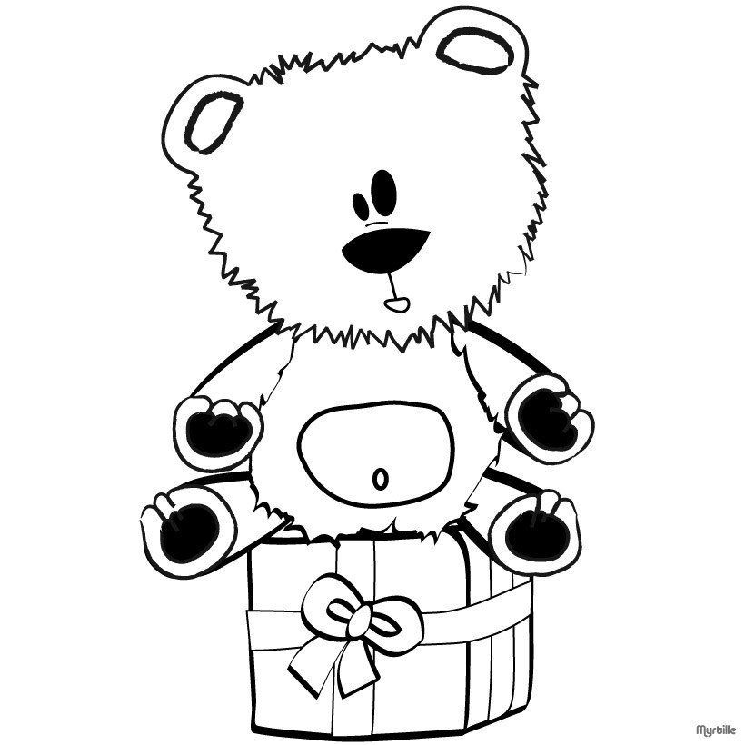 Teddy bear on gift box coloring pages