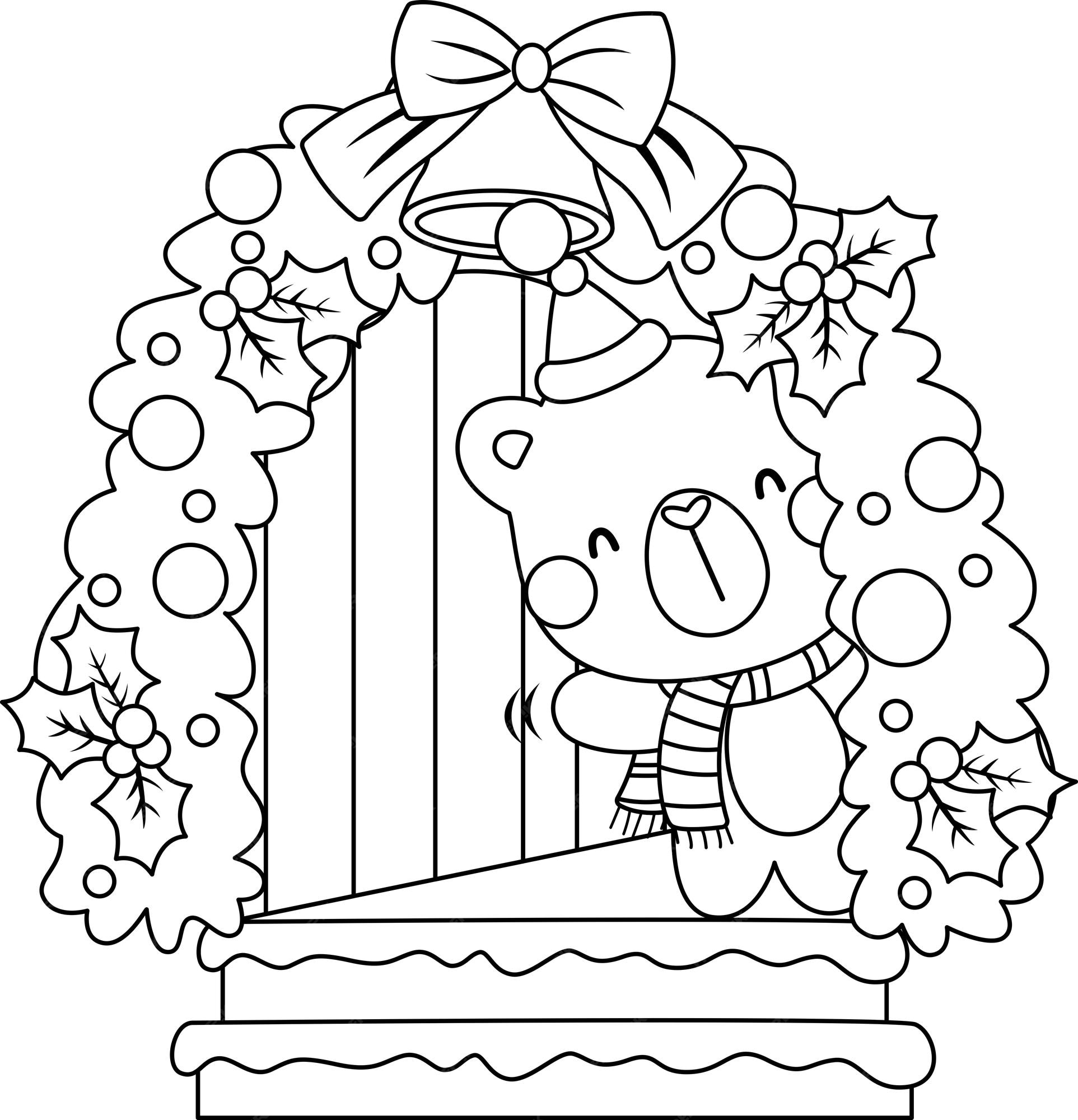 Premium vector a vector of a bear celebrating christmas with a greeting in black and white colouring